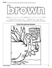 Free Thanksgiving turkey color brown coloring page and color worksheet, brown worksheet for preschoolers to learn colors, printable PDF