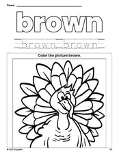 Free Thanksgiving turkey color brown coloring page and color worksheet, brown worksheet for preschoolers to learn colors, printable PDF