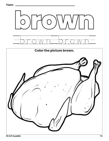 Free Thanksgiving turkey color brown coloring page and color worksheet, brown worksheet for preschoolers to learn colors, printable PDF