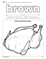 Free Thanksgiving turkey color brown coloring page and color worksheet, brown worksheet for preschoolers to learn colors, printable PDF