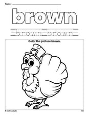 Free Thanksgiving turkey color brown coloring page and color worksheet, brown worksheet for preschoolers to learn colors, printable PDF