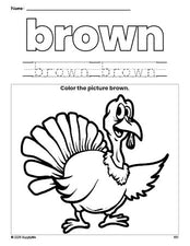 Free Thanksgiving turkey color brown coloring page and color worksheet, brown worksheet for preschoolers to learn colors, printable PDF