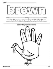 Free Thanksgiving turkey color brown coloring page and color worksheet, brown worksheet for preschoolers to learn colors, printable PDF