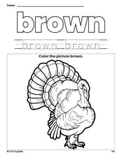 Free Thanksgiving turkey color brown coloring page and color worksheet, brown worksheet for preschoolers to learn colors, printable PDF