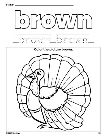 Free Thanksgiving turkey color brown coloring page and color worksheet, brown worksheet for preschoolers to learn colors, printable PDF