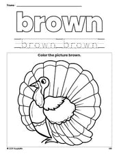 Free Thanksgiving turkey color brown coloring page and color worksheet, brown worksheet for preschoolers to learn colors, printable PDF