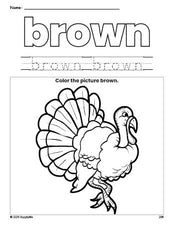 Free Thanksgiving turkey color brown coloring page and color worksheet, brown worksheet for preschoolers to learn colors, printable PDF