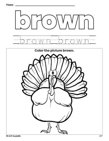 Free Thanksgiving turkey color brown coloring page and color worksheet, brown worksheet for preschoolers to learn colors, printable PDF