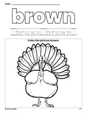 Free Thanksgiving turkey color brown coloring page and color worksheet, brown worksheet for preschoolers to learn colors, printable PDF