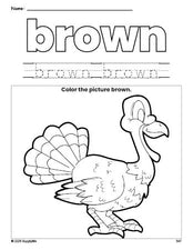 Free Thanksgiving turkey color brown coloring page and color worksheet, brown worksheet for preschoolers to learn colors, printable PDF