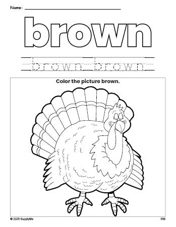 Free Thanksgiving turkey color brown coloring page and color worksheet, brown worksheet for preschoolers to learn colors, printable PDF