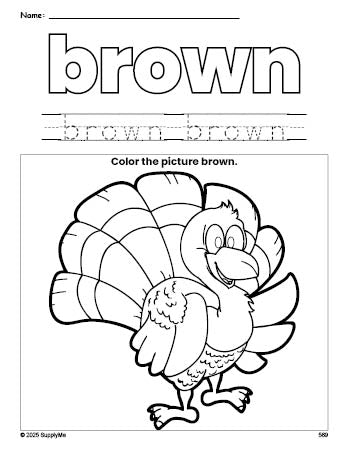 Free Thanksgiving turkey color brown coloring page and color worksheet, brown worksheet for preschoolers to learn colors, printable PDF