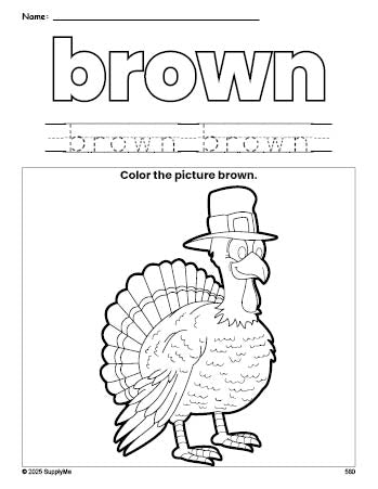 Free Thanksgiving turkey color brown coloring page and color worksheet, brown worksheet for preschoolers to learn colors, printable PDF