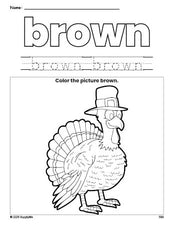 Free Thanksgiving turkey color brown coloring page and color worksheet, brown worksheet for preschoolers to learn colors, printable PDF