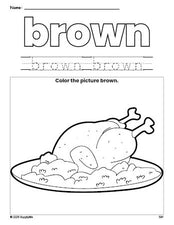 Free Thanksgiving turkey color brown coloring page and color worksheet, brown worksheet for preschoolers to learn colors, printable PDF