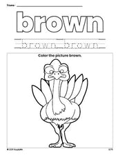 Free Thanksgiving turkey color brown coloring page and color worksheet, brown worksheet for preschoolers to learn colors, printable PDF