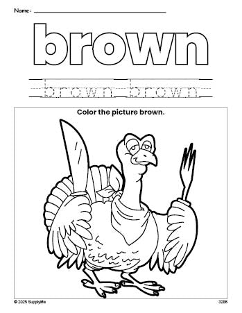 Free Thanksgiving turkey color brown coloring page and color worksheet, brown worksheet for preschoolers to learn colors, printable PDF