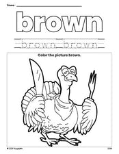 Free Thanksgiving turkey color brown coloring page and color worksheet, brown worksheet for preschoolers to learn colors, printable PDF