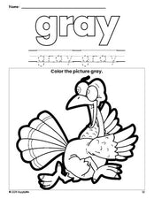 Free Thanksgiving turkey color gray coloring page and color worksheet, gray worksheet for preschoolers to learn colors, printable PDF