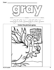 Free Thanksgiving turkey color gray coloring page and color worksheet, gray worksheet for preschoolers to learn colors, printable PDF