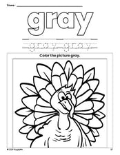 Free Thanksgiving turkey color gray coloring page and color worksheet, gray worksheet for preschoolers to learn colors, printable PDF