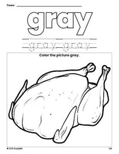 Free Thanksgiving turkey color gray coloring page and color worksheet, gray worksheet for preschoolers to learn colors, printable PDF