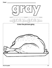 Free Thanksgiving turkey color gray coloring page and color worksheet, gray worksheet for preschoolers to learn colors, printable PDF