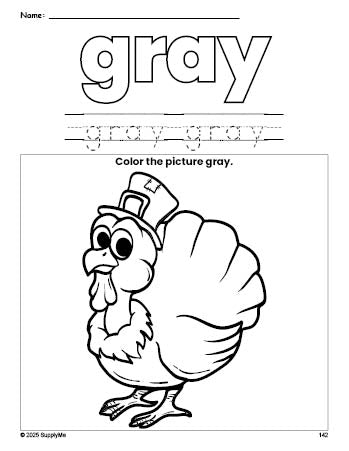 Free Thanksgiving turkey color gray coloring page and color worksheet, gray worksheet for preschoolers to learn colors, printable PDF