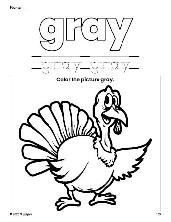 Free Thanksgiving turkey color gray coloring page and color worksheet, gray worksheet for preschoolers to learn colors, printable PDF