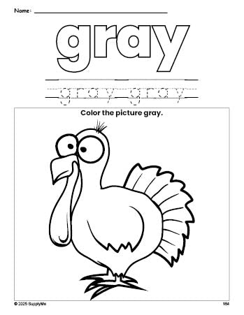 Free Thanksgiving turkey color gray coloring page and color worksheet, gray worksheet for preschoolers to learn colors, printable PDF