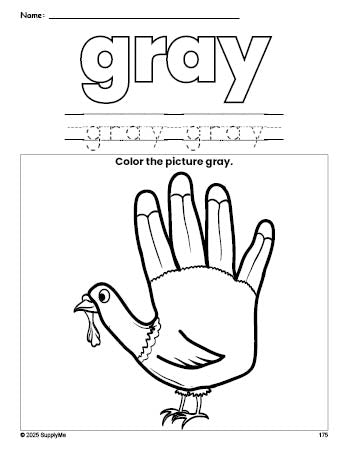 Free Thanksgiving turkey color gray coloring page and color worksheet, gray worksheet for preschoolers to learn colors, printable PDF