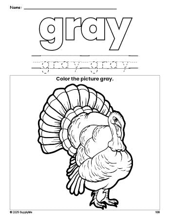 Free Thanksgiving turkey color gray coloring page and color worksheet, gray worksheet for preschoolers to learn colors, printable PDF