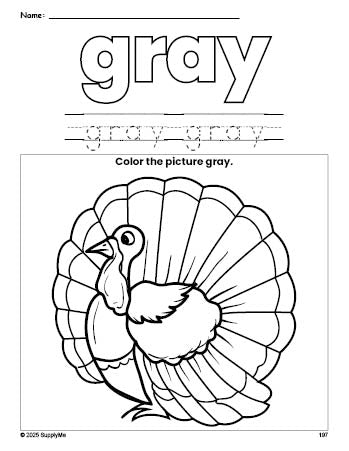 Free Thanksgiving turkey color gray coloring page and color worksheet, gray worksheet for preschoolers to learn colors, printable PDF