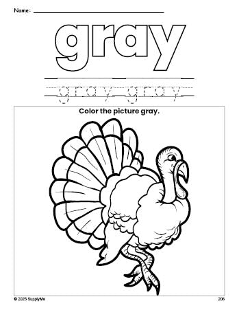 Free Thanksgiving turkey color gray coloring page and color worksheet, gray worksheet for preschoolers to learn colors, printable PDF