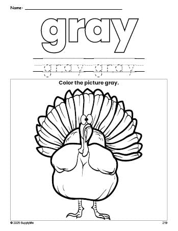 Free Thanksgiving turkey color gray coloring page and color worksheet, gray worksheet for preschoolers to learn colors, printable PDF