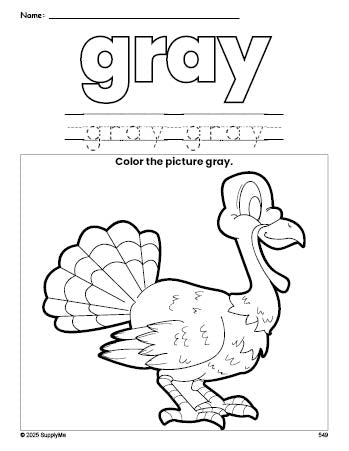 Free Thanksgiving turkey color gray coloring page and color worksheet, gray worksheet for preschoolers to learn colors, printable PDF