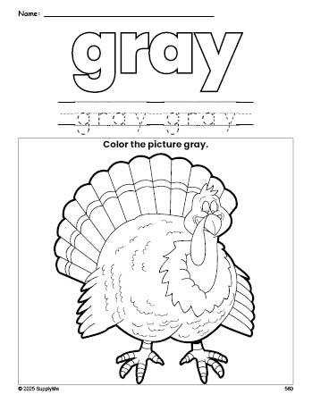 Free Thanksgiving turkey color gray coloring page and color worksheet, gray worksheet for preschoolers to learn colors, printable PDF