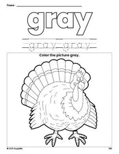 Free Thanksgiving turkey color gray coloring page and color worksheet, gray worksheet for preschoolers to learn colors, printable PDF