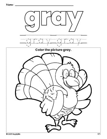 Free Thanksgiving turkey color gray coloring page and color worksheet, gray worksheet for preschoolers to learn colors, printable PDF