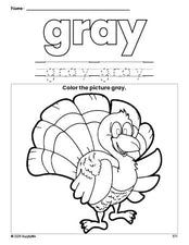 Free Thanksgiving turkey color gray coloring page and color worksheet, gray worksheet for preschoolers to learn colors, printable PDF