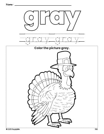 Free Thanksgiving turkey color gray coloring page and color worksheet, gray worksheet for preschoolers to learn colors, printable PDF