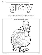 Free Thanksgiving turkey color gray coloring page and color worksheet, gray worksheet for preschoolers to learn colors, printable PDF