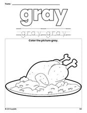 Free Thanksgiving turkey color gray coloring page and color worksheet, gray worksheet for preschoolers to learn colors, printable PDF