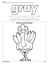 Free Thanksgiving turkey color gray coloring page and color worksheet, gray worksheet for preschoolers to learn colors, printable PDF