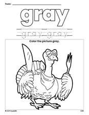 Free Thanksgiving turkey color gray coloring page and color worksheet, gray worksheet for preschoolers to learn colors, printable PDF