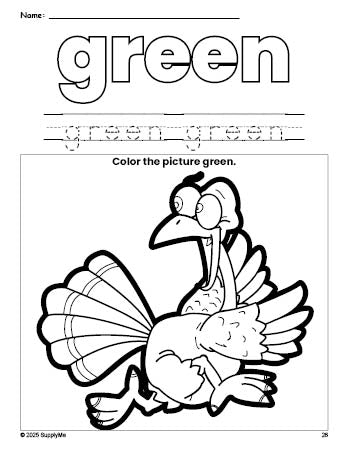 Free Thanksgiving turkey color green coloring page and color worksheet, green worksheet for preschoolers to learn colors, printable PDF