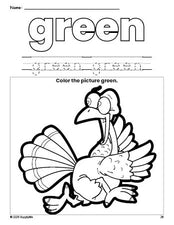 Free Thanksgiving turkey color green coloring page and color worksheet, green worksheet for preschoolers to learn colors, printable PDF