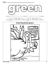 Free Thanksgiving turkey color green coloring page and color worksheet, green worksheet for preschoolers to learn colors, printable PDF