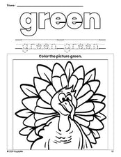 Free Thanksgiving turkey color green coloring page and color worksheet, green worksheet for preschoolers to learn colors, printable PDF