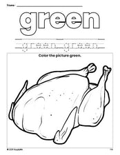 Free Thanksgiving turkey color green coloring page and color worksheet, green worksheet for preschoolers to learn colors, printable PDF